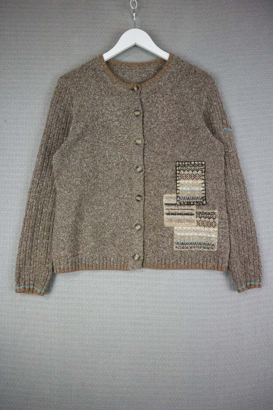 Vintage Brown Cardigan Sweater Womens Size Medium Button Up Patchwork Knit Wool